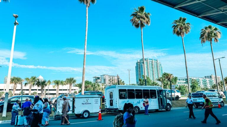 Cruisers embark and disembark simultaneously at the Port Tampa Bay cruise port